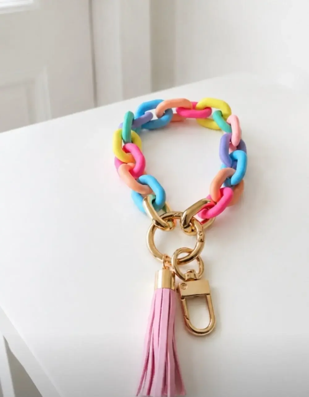 Acrylic Rainbow Pink Tassel Key Chain Wrislet New